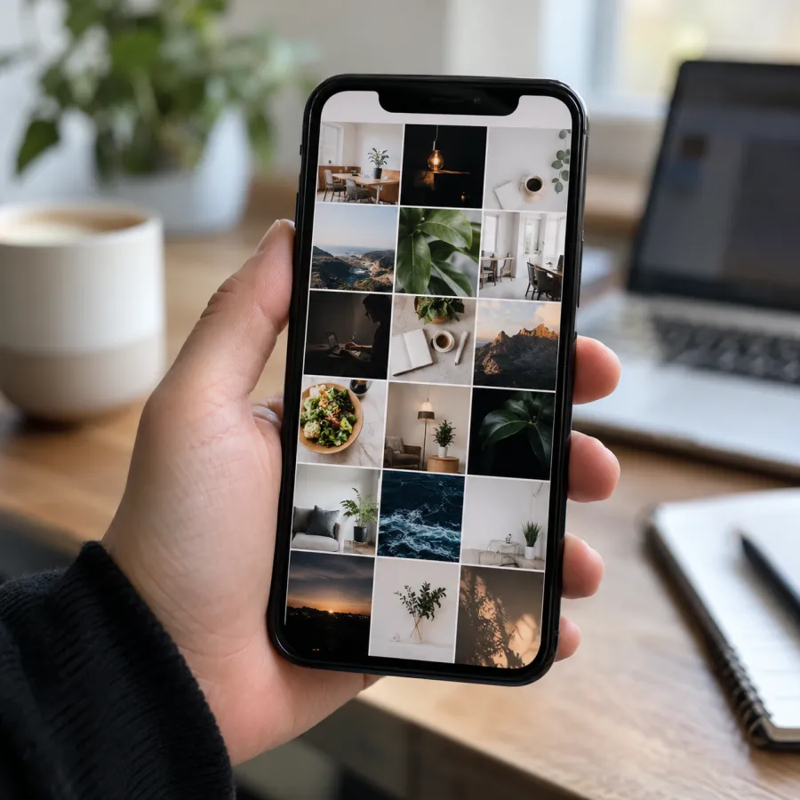 Mano sujetando un móvil con la cuadrícula de un perfil de empresa lleno de fotos de stock de estilos, colores y luces distintas