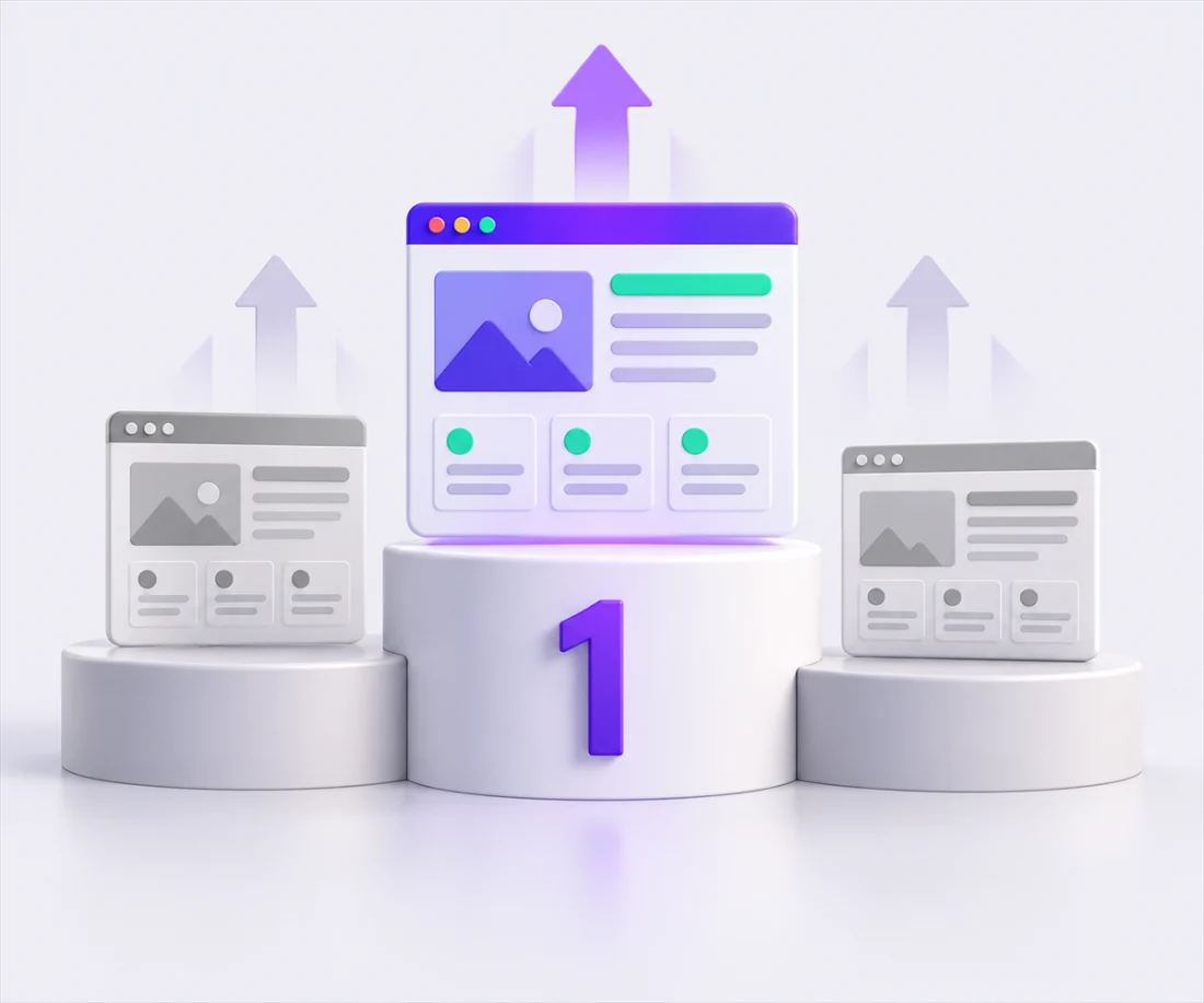 Podio con una página web en la primera posición por delante de dos webs de la competencia