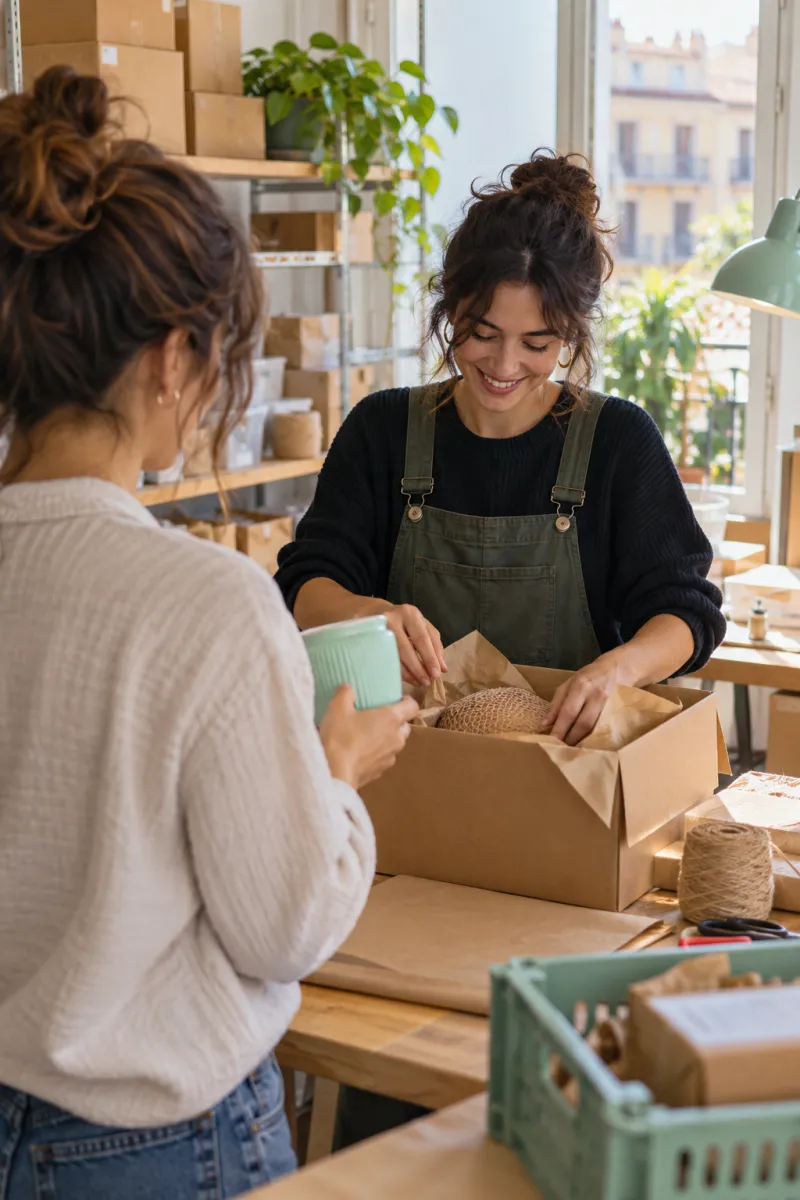 Dos compañeras preparan un pedido en el pequeño almacén de una tienda online, con cajas de cartón, papel kraft y luz de ventana