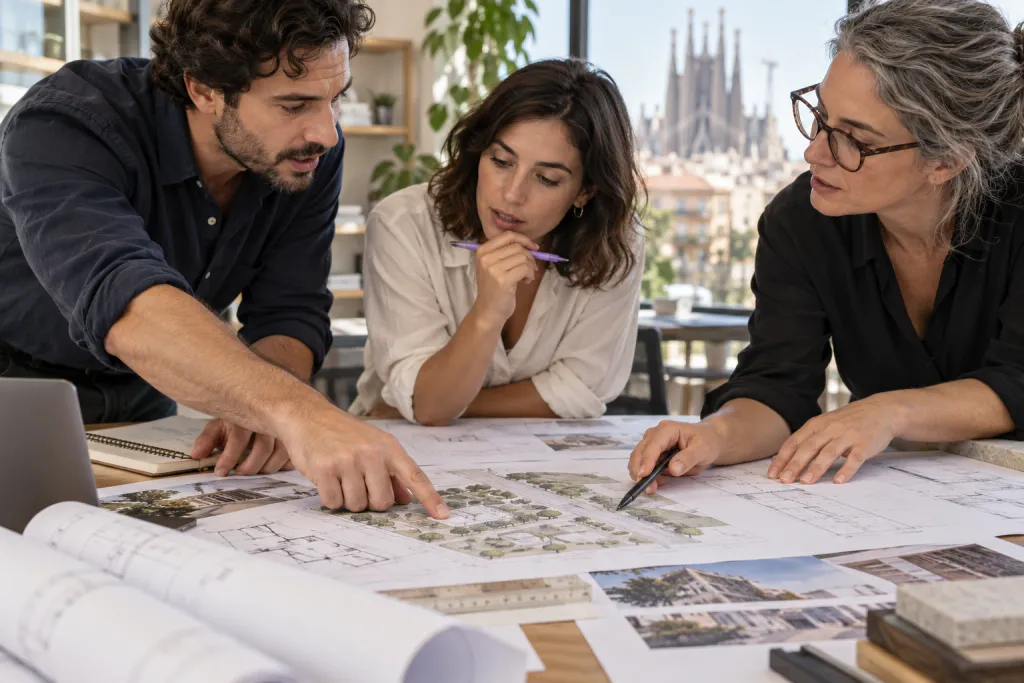 Tres profesionales de un estudio de arquitectura señalan y comentan unos planos extendidos sobre la mesa