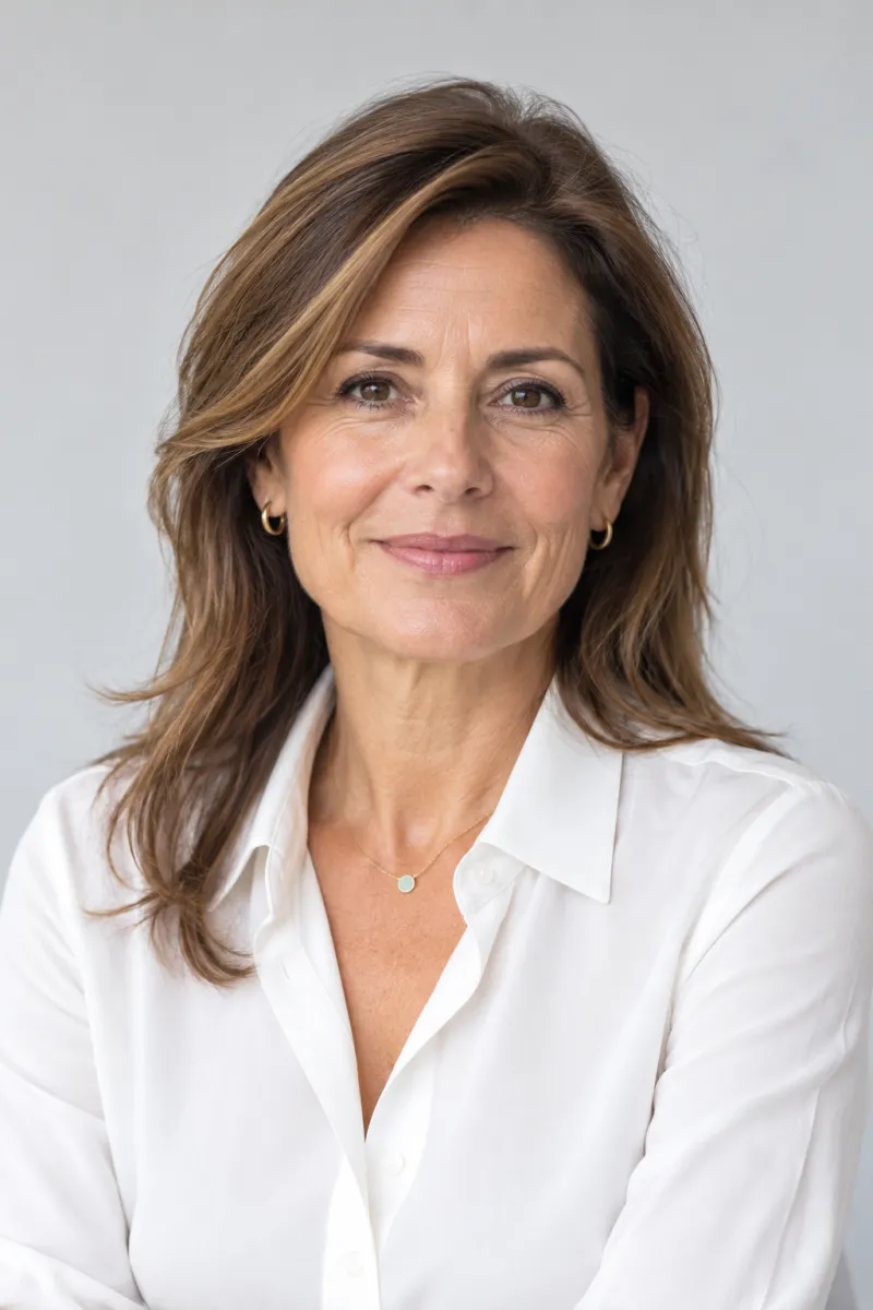 Retrato de busto de una directiva de unos 50 años con blusa blanca, sonriendo a cámara sobre fondo gris claro