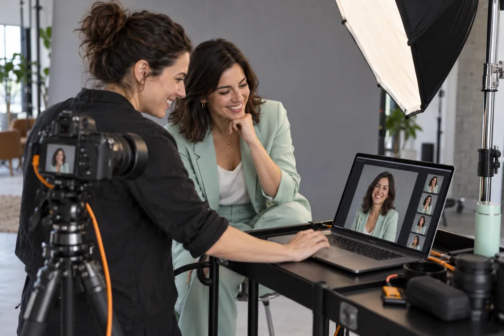 Una empleada revisa sonriendo sus retratos en un portátil conectado a la cámara, junto a la fotógrafa de la sesión