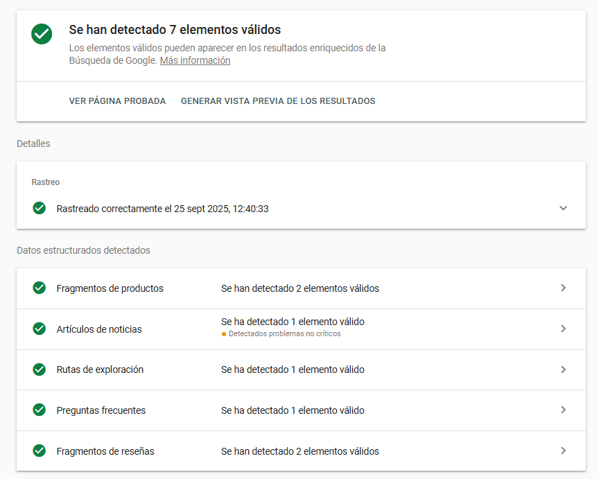 Captura de pantalla de la página de Rich Results Test, con ejemplo real.