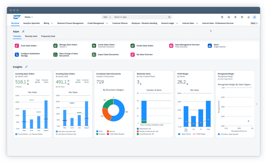Captura de pantalla de un software ERP de SAP con módulos de gestión empresarial y análisis de datos en español