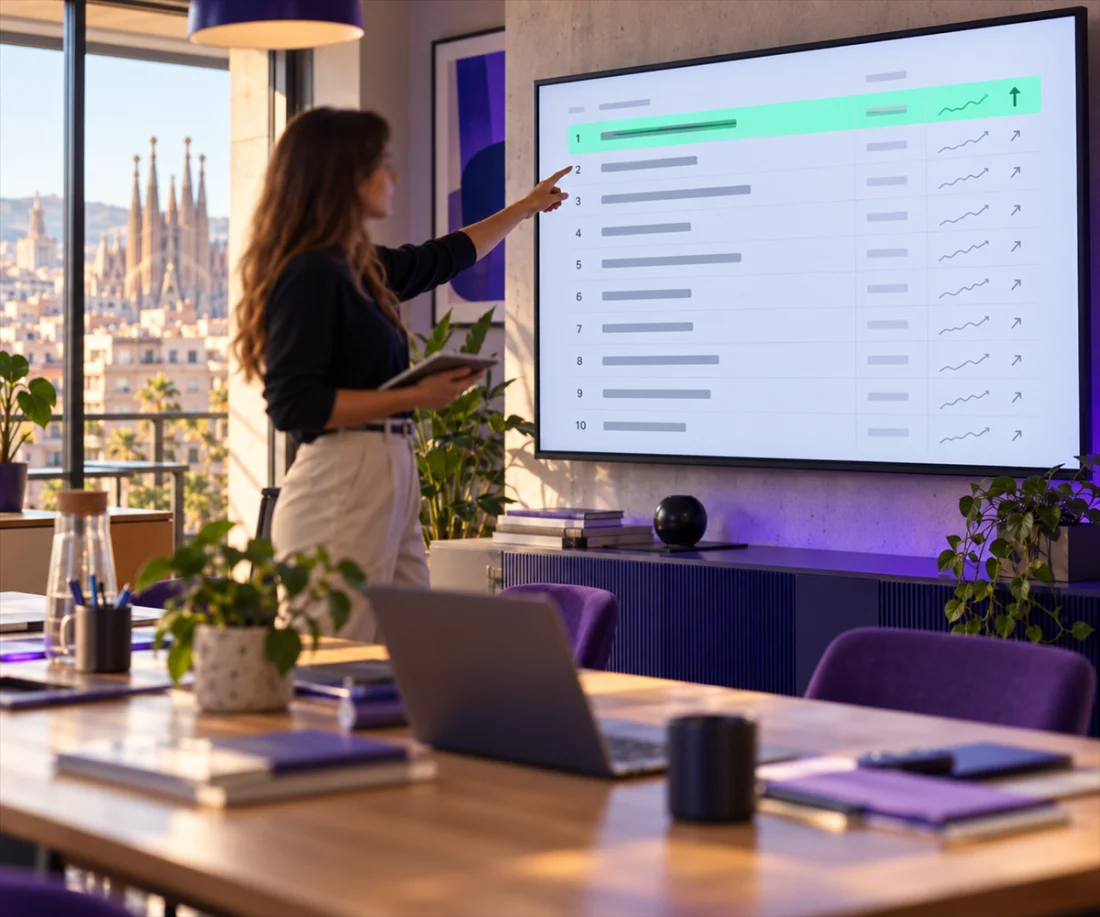 Consultora SEO señalando una tabla de posiciones en Google en una oficina de Barcelona
