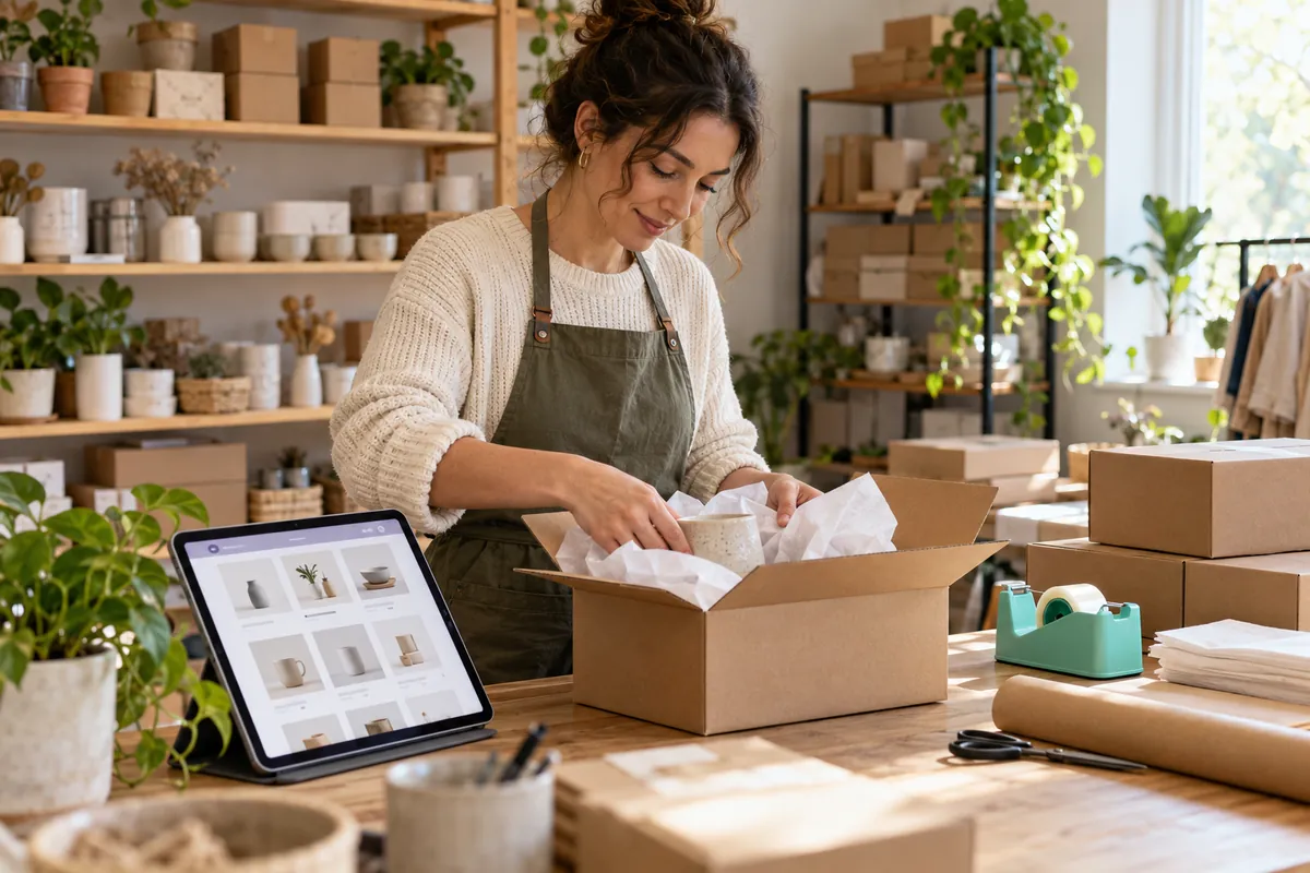 Emprendedora preparando un pedido en su comercio junto a una tableta que muestra su tienda online