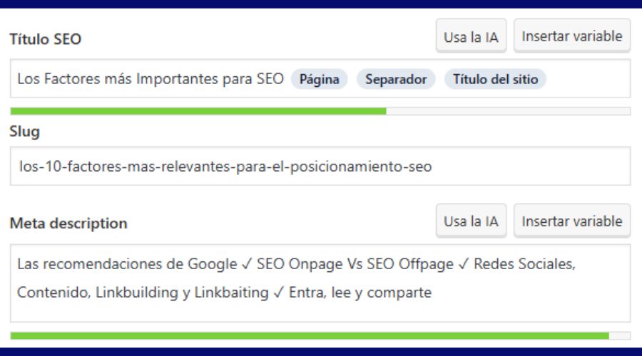 Ejemplo de configuración de URL, título SEO y meta descripción optimizada en WordPress