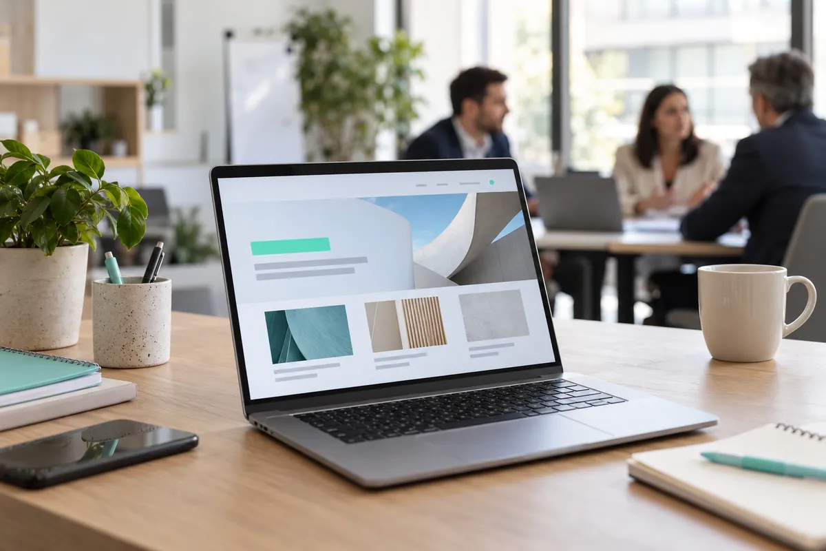 Portátil en la mesa de una empresa de servicios mostrando una web corporativa moderna, con una reunión al fondo